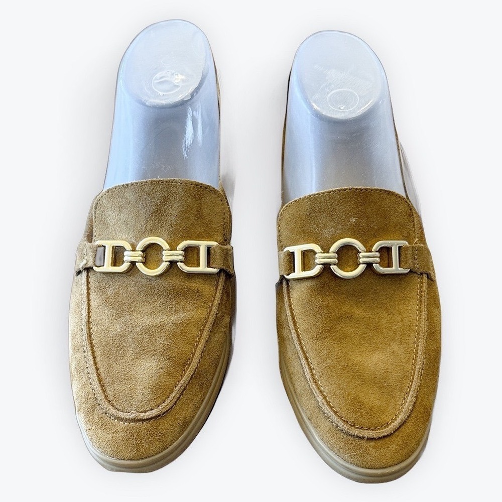 Zara Tan Suede Horsebit Loafers Gold Chain Detail Camel Flats EU 39 US 8